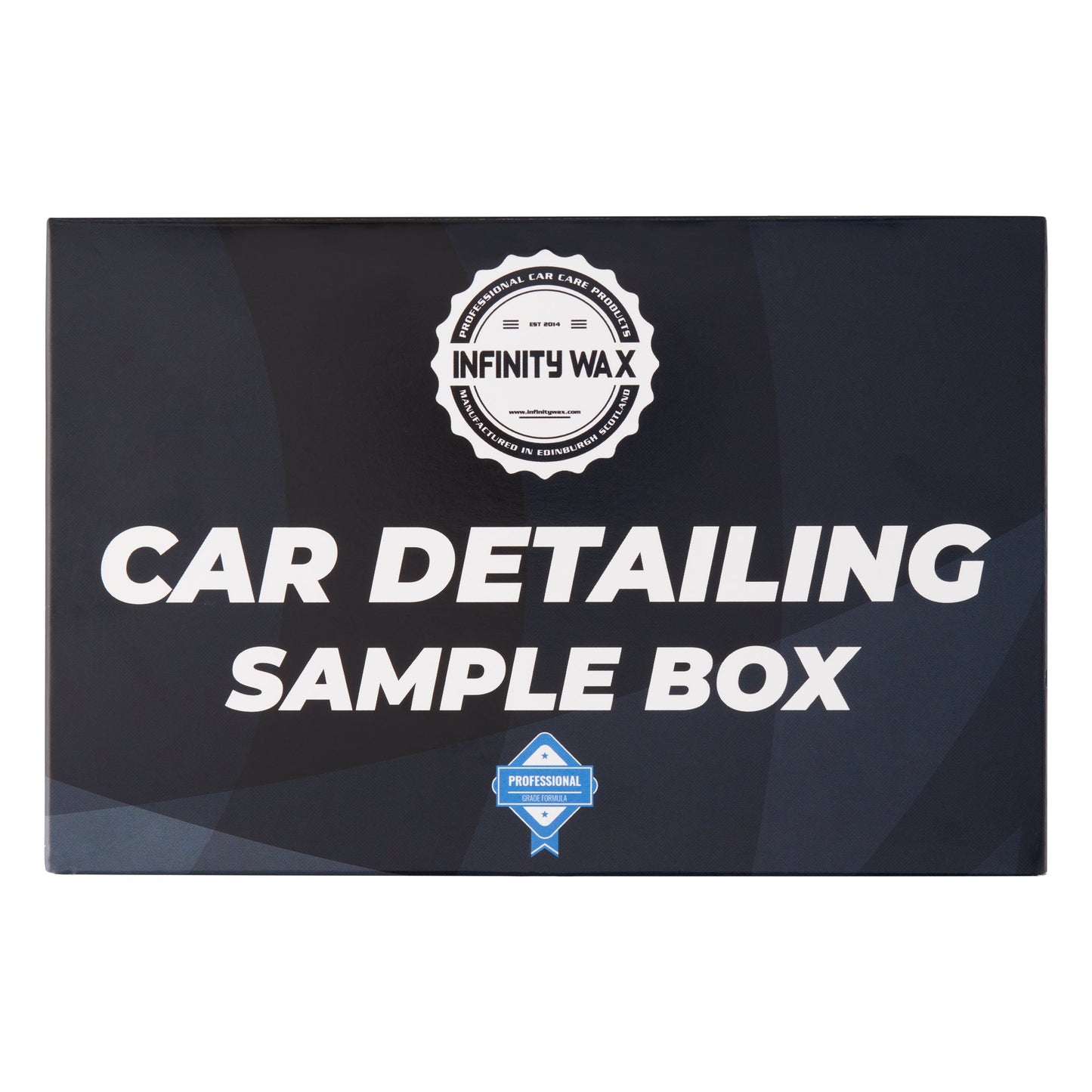 Car detailing sample box with Infinity Wax logo on a white background