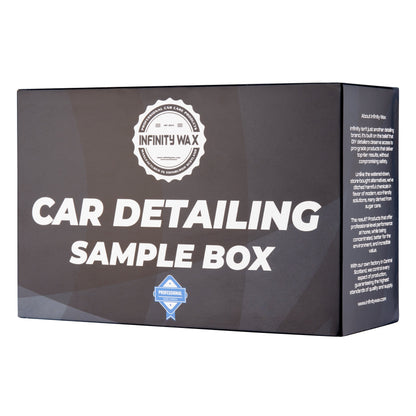 Car detailing sample box with Infinity Wax branding on a white background