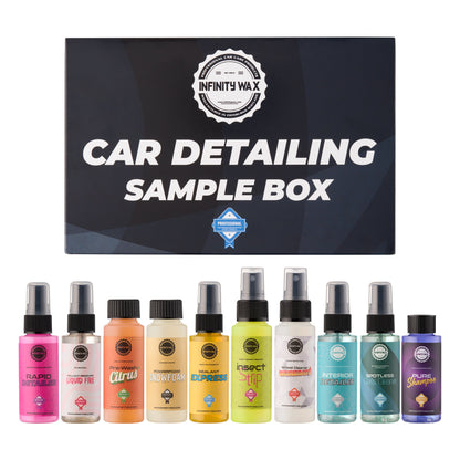 Car detailing sample box with various bottles from Infinity Wax on a white background