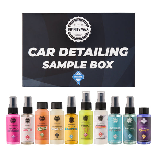 Car detailing sample box with various bottles from Infinity Wax on a white background