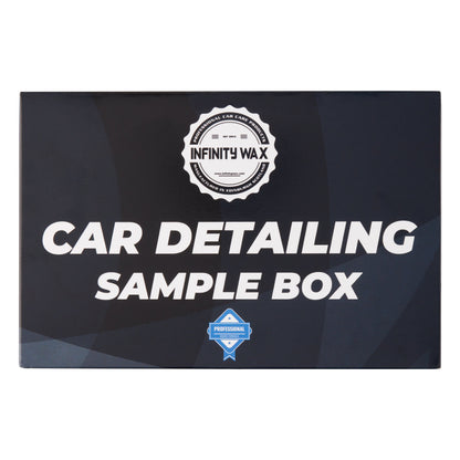 Car detailing sample box with Infinity Wax logo on a white background