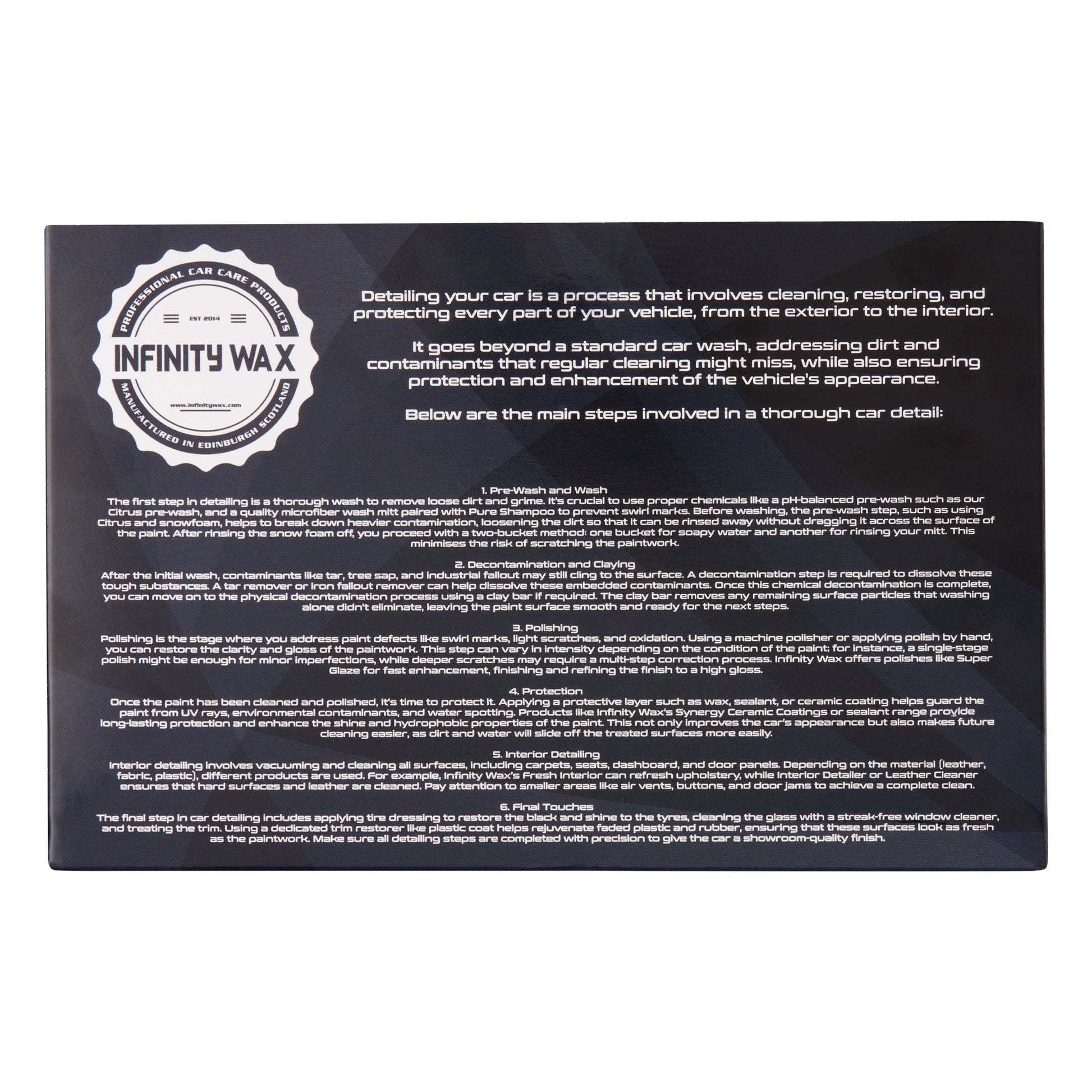 Infinity Wax car detailing guide on a black background